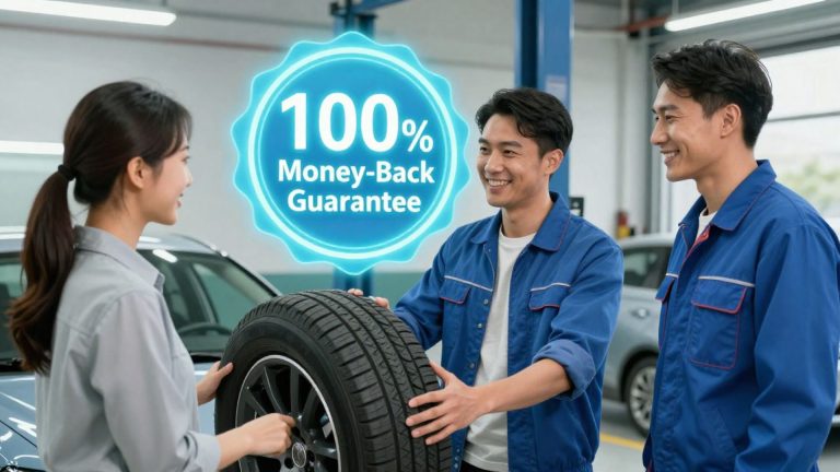 Customer holding tyre with 100% money-back guarantee in a garage.