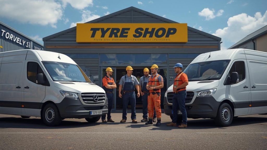Mobile tyre fitter replacing tyre at home in Corby with service van and residential setting
