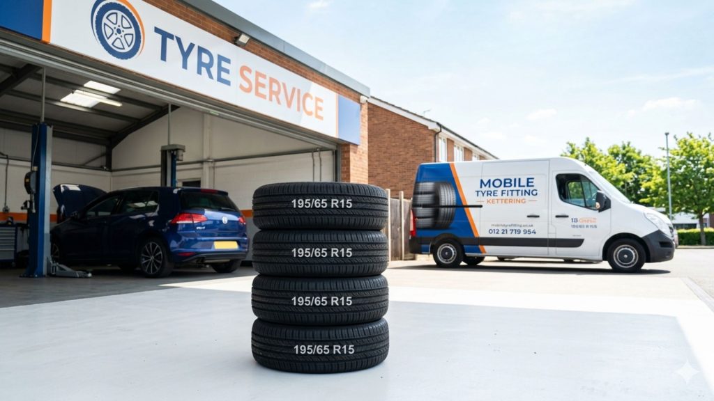 195/65 R15 tyres with visible tread pattern and car in background in Kettering setting