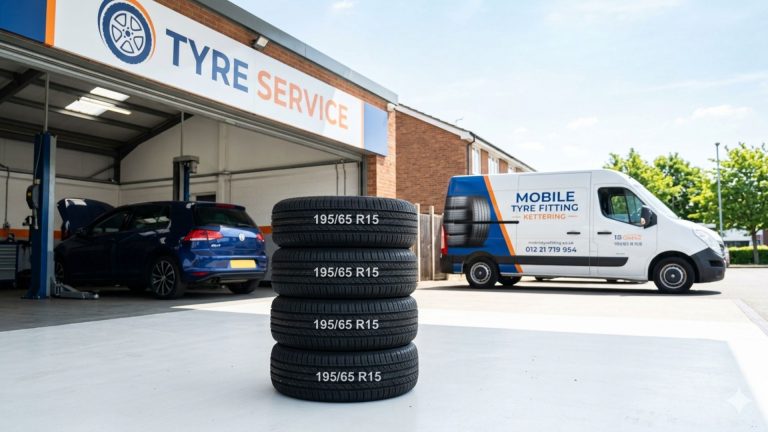 195/65 R15 tyres with visible tread pattern and car in background in Kettering setting