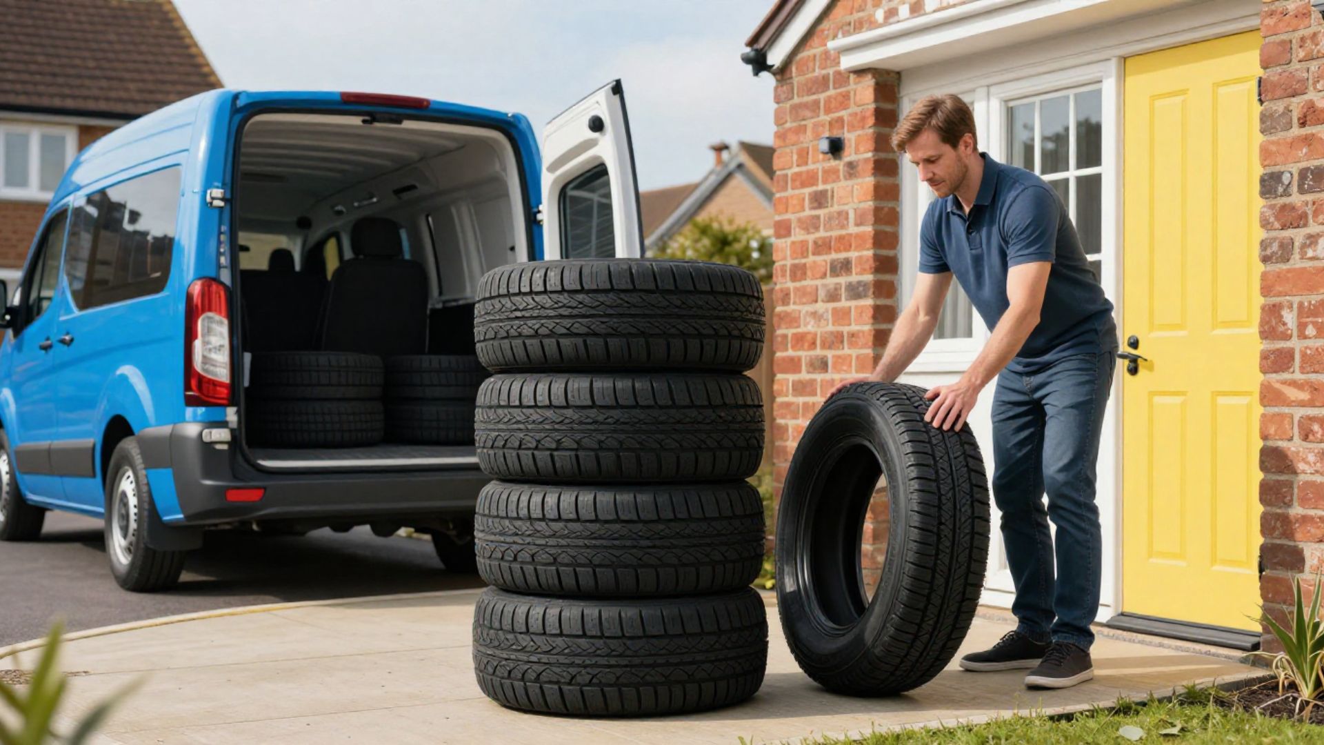 A professional delivery scene showing new tyres being delivered to a customer’s home. The image highlights delivery-only tyre purchasing, convenience, and UK-wide shipping without needing to book fitting.