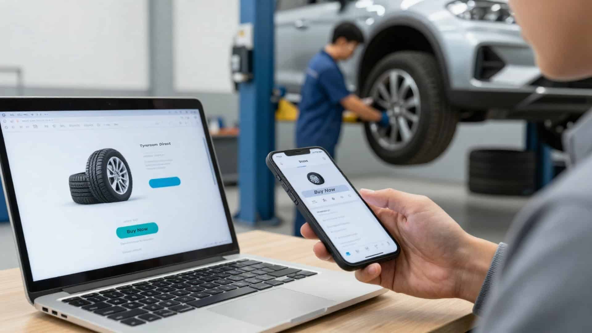 Person using phone to buy tyres online with a garage fitting service in the background.
