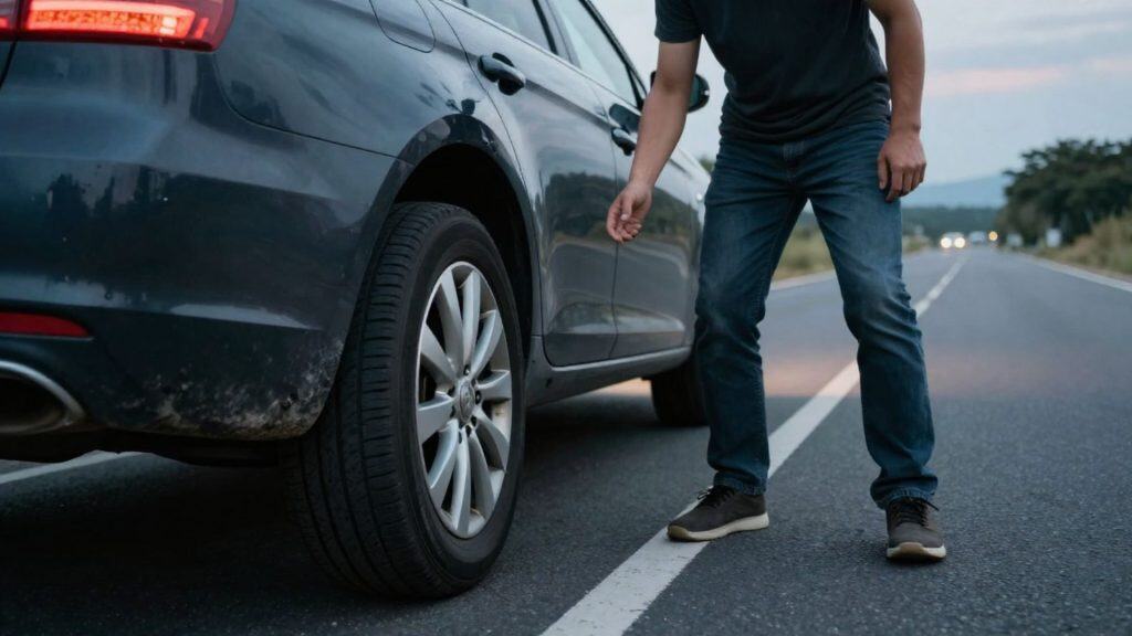 Car with a flat tyre stopped on roadside with driver inspecting the tyre.