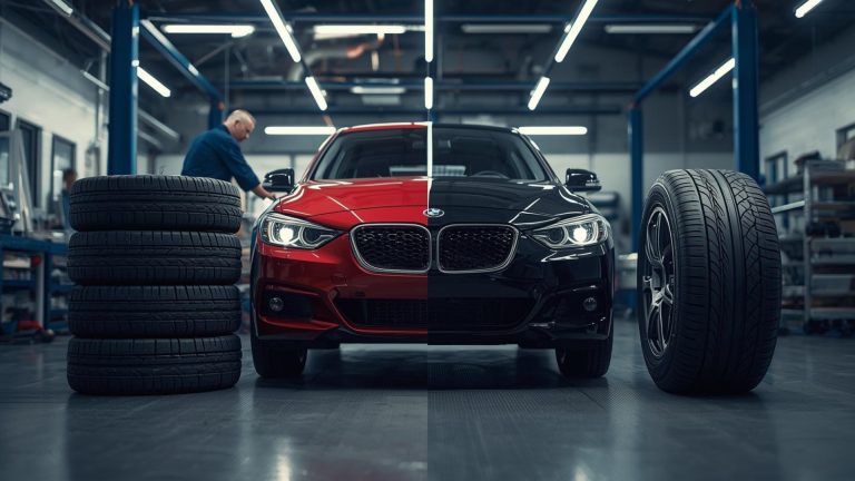 Mechanic checking cheap tyres in a garage to ensure safety and quality.