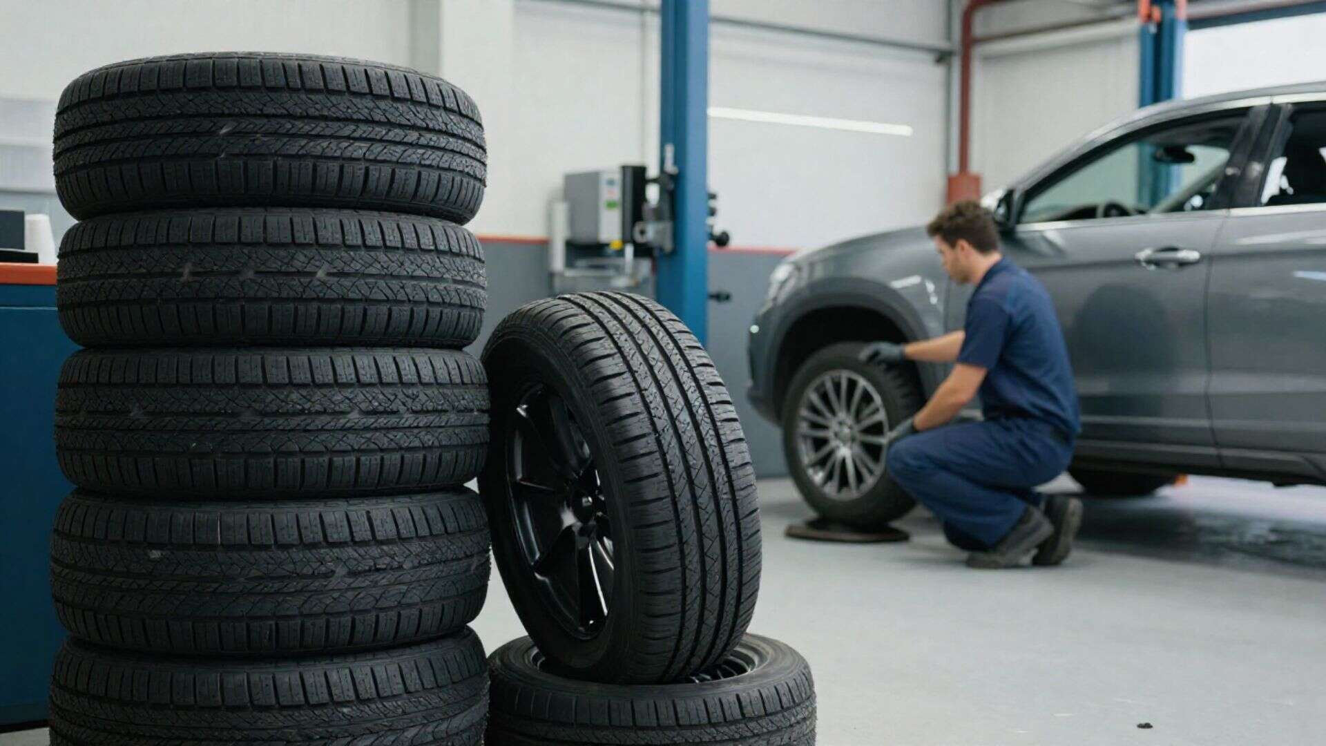 Mechanic installing cheap tyres in Daventry at a professional tyre shop.