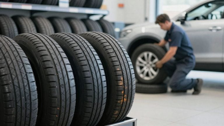 Mechanic fitting cheap tyres in Northampton in a professional garage.