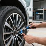 Mobile tyre fitter safely installing tyre on alloy wheel without damage.