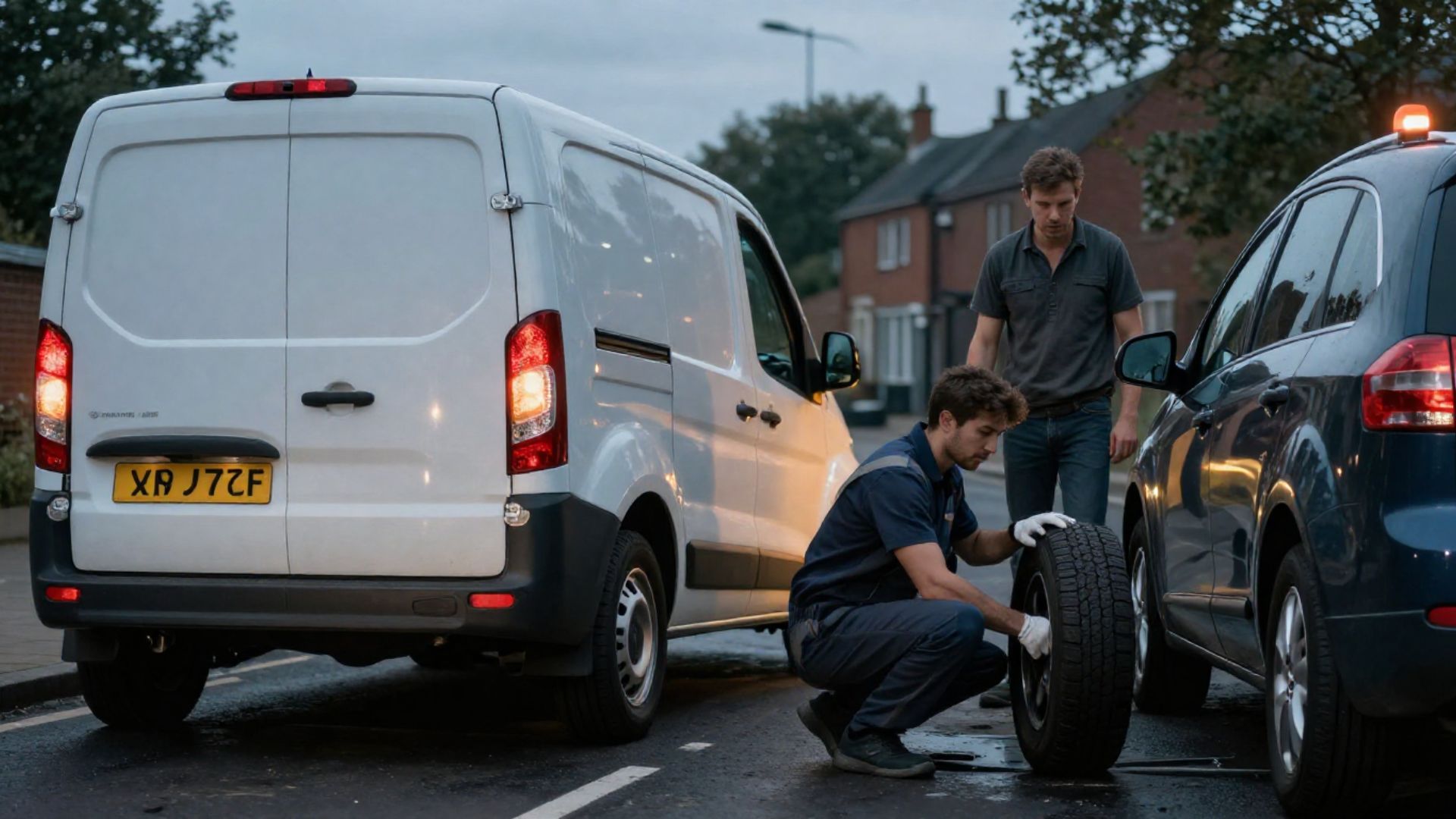 Emergency tyre fitting in Northampton with mobile mechanic replacing flat tyre