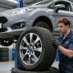 Ford Fiesta tyre fitting in Northampton with mechanic installing new tyre