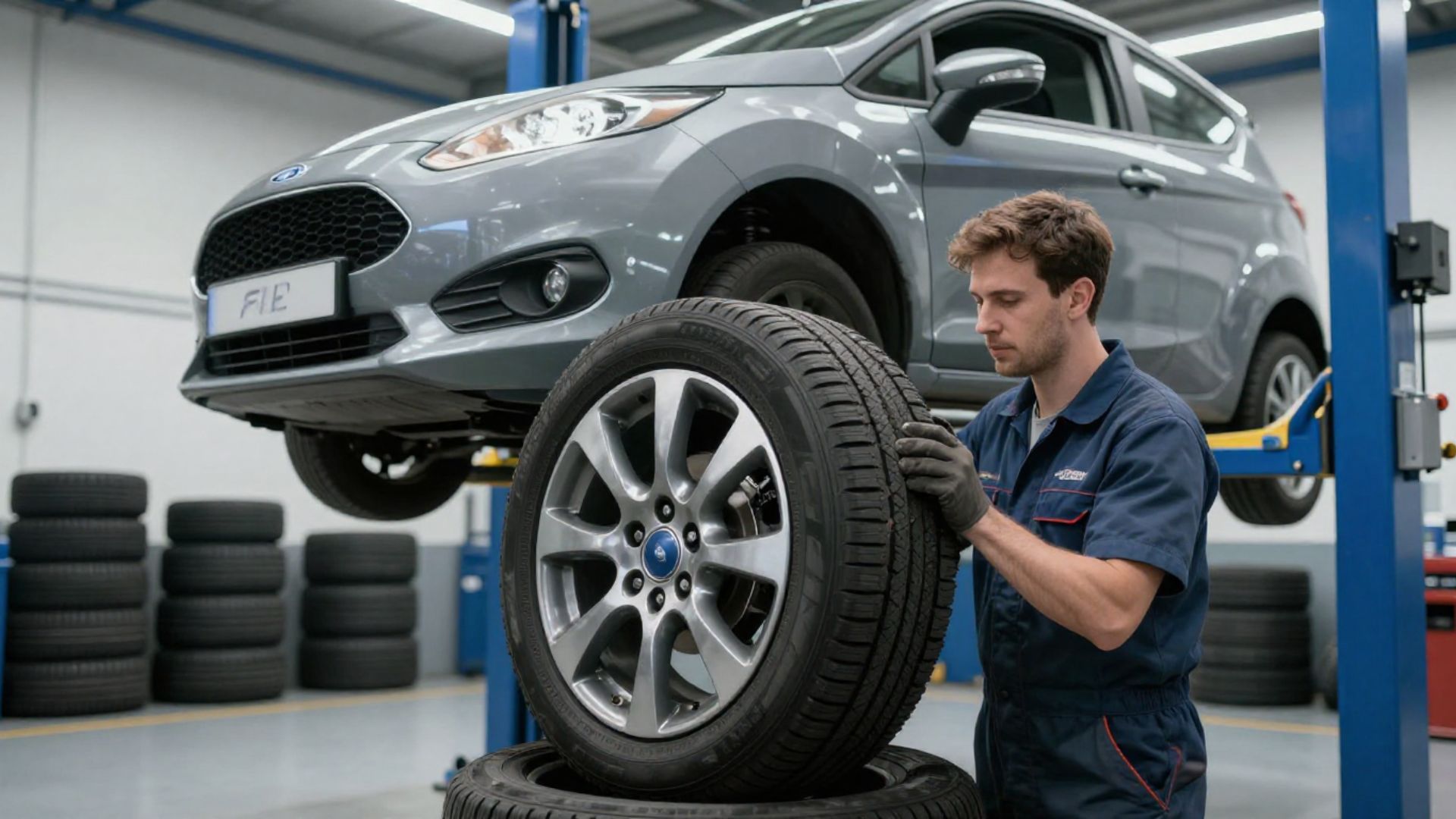 Ford Fiesta tyre fitting in Northampton with mechanic installing new tyre