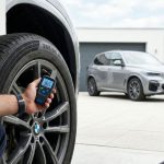 Driver checking tyre pressure with gauge on car tyre for proper inflation and safety