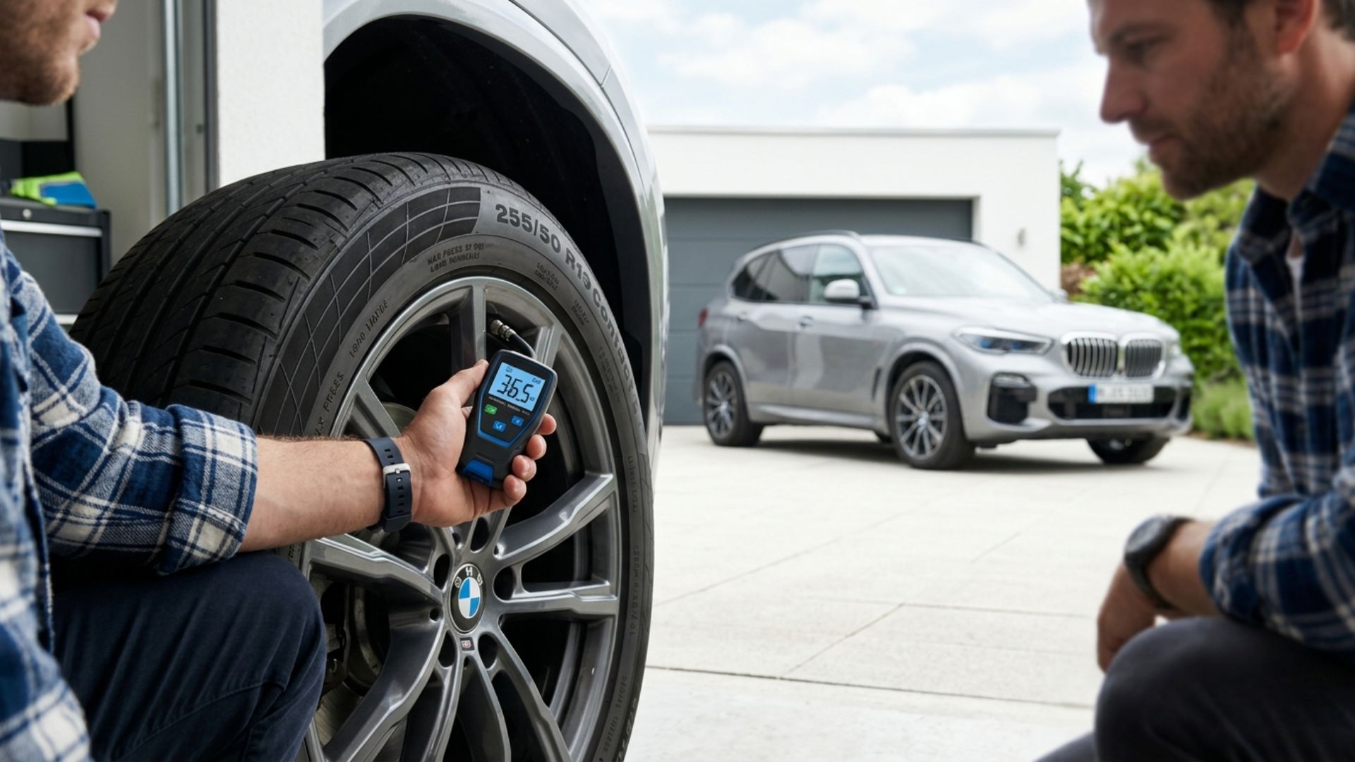Driver checking tyre pressure with gauge on car tyre for proper inflation and safety