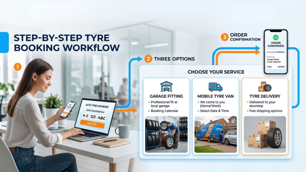 Person booking tyres online using phone with mechanic fitting tyre and mobile tyre van showing step-by-step tyre booking process