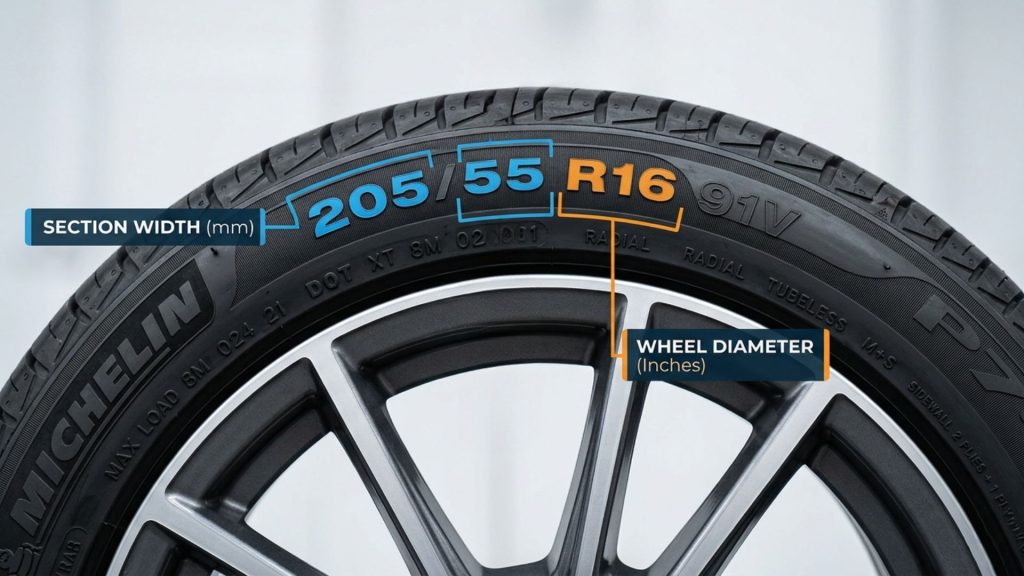 Close-up of tyre sidewall showing 205/55 R16 with labels explaining tyre width, profile and wheel size