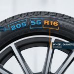 Close-up of tyre sidewall showing 205/55 R16 with labels explaining tyre width, profile and wheel size