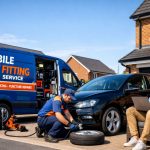 Mobile tyre fitter installing tyre at home in Kettering with service van and residential background