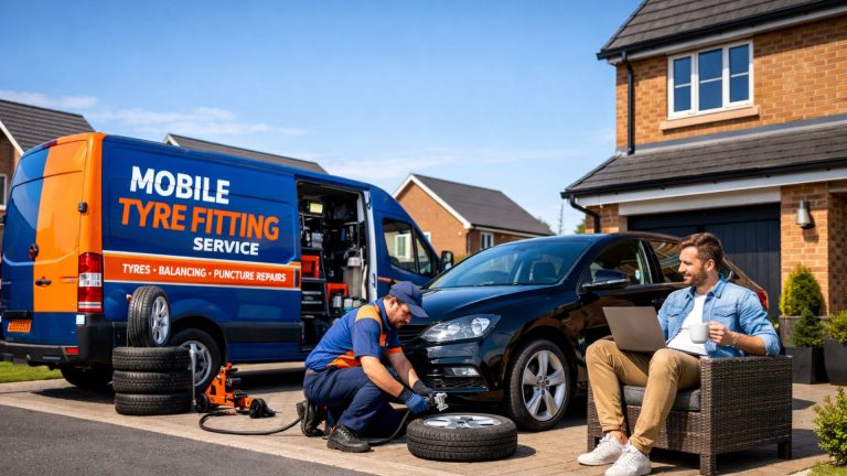 Mobile tyre fitter installing tyre at home in Kettering with service van and residential background