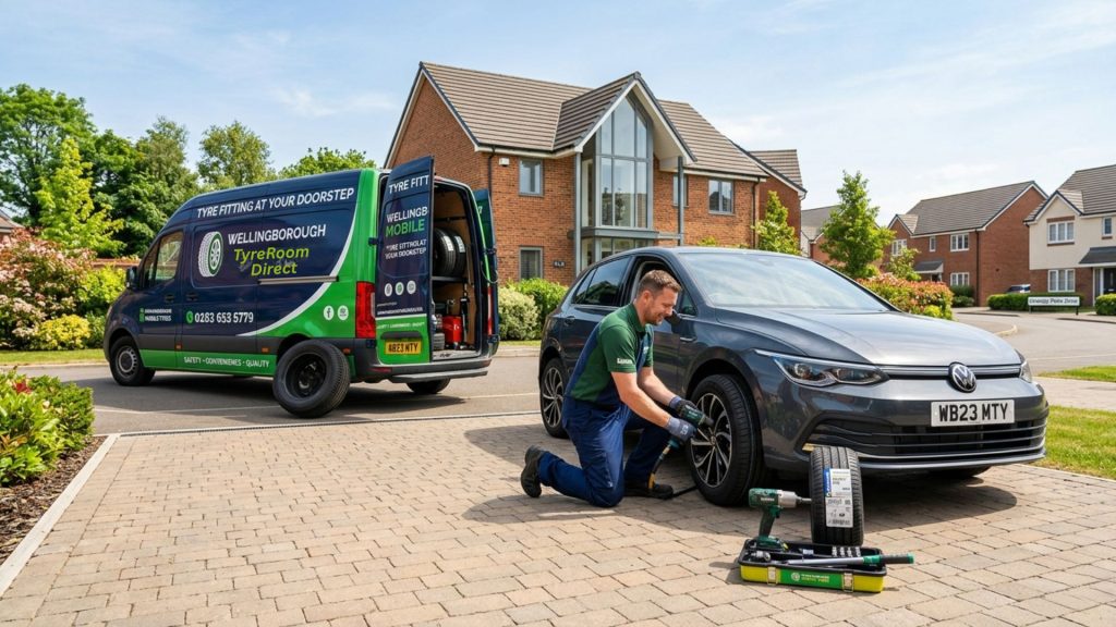 Mobile tyre fitter changing car tyre at home driveway in Wellingborough with service van