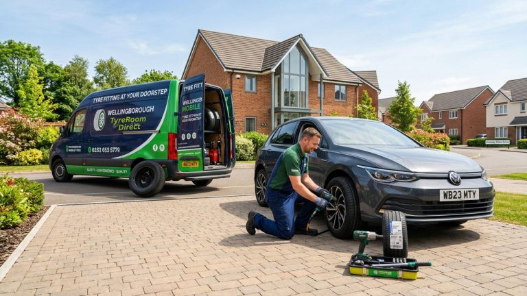 Mobile tyre fitter changing car tyre at home driveway in Wellingborough with service van