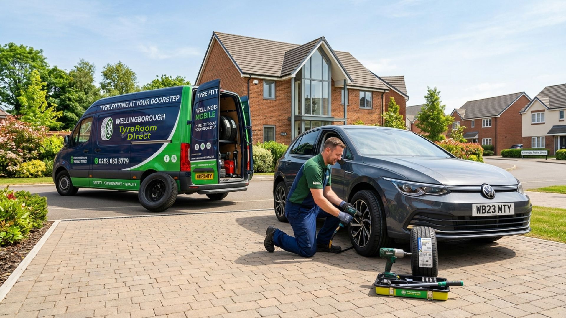 Mobile tyre fitter changing car tyre at home driveway in Wellingborough with service van