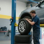 Same day tyre fitting in Northampton with mechanic installing tyre