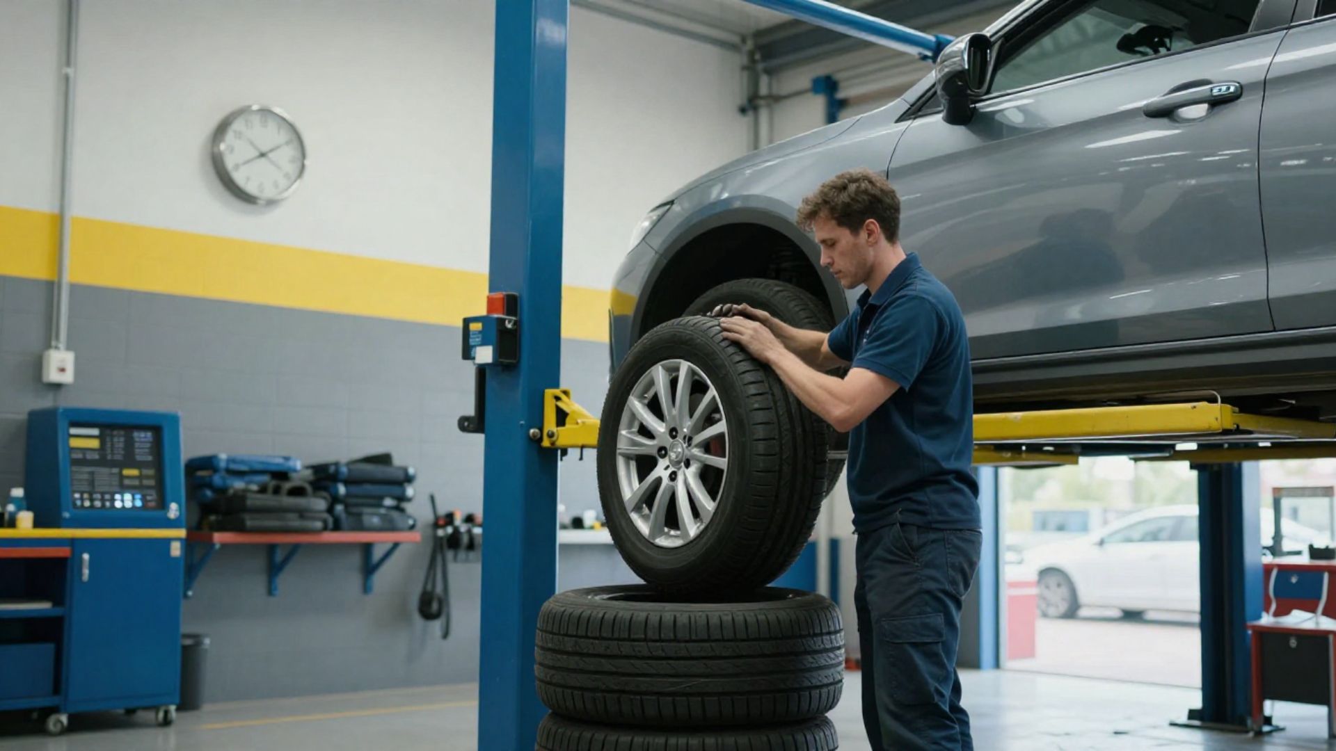Same day tyre fitting in Northampton with mechanic installing tyre