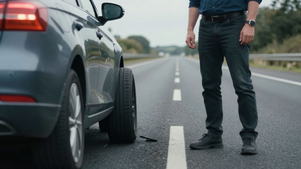 Car with blown tyre on roadside with hazard lights on