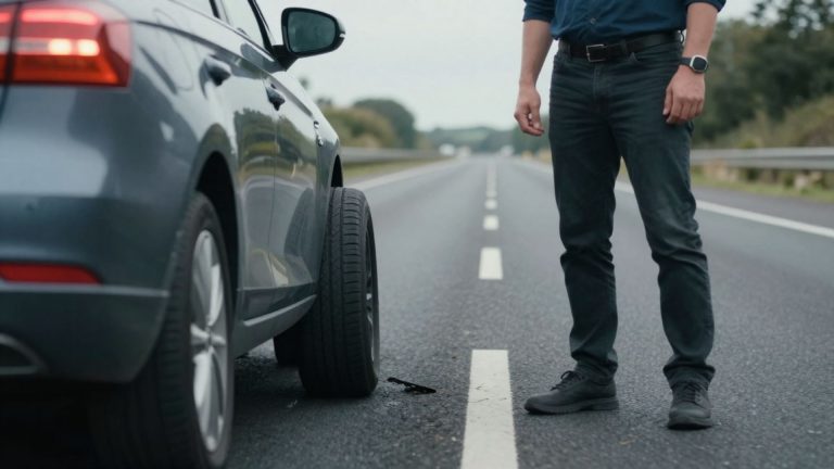 Car with blown tyre on roadside with hazard lights on