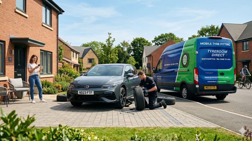 Mobile tyre fitter replacing tyre at home in Northampton with service van and residential setting