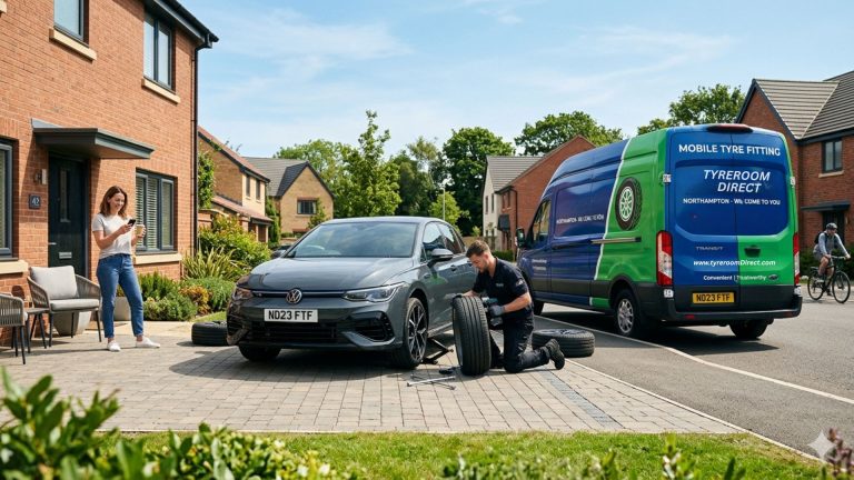 Mobile tyre fitter replacing tyre at home in Northampton with service van and residential setting