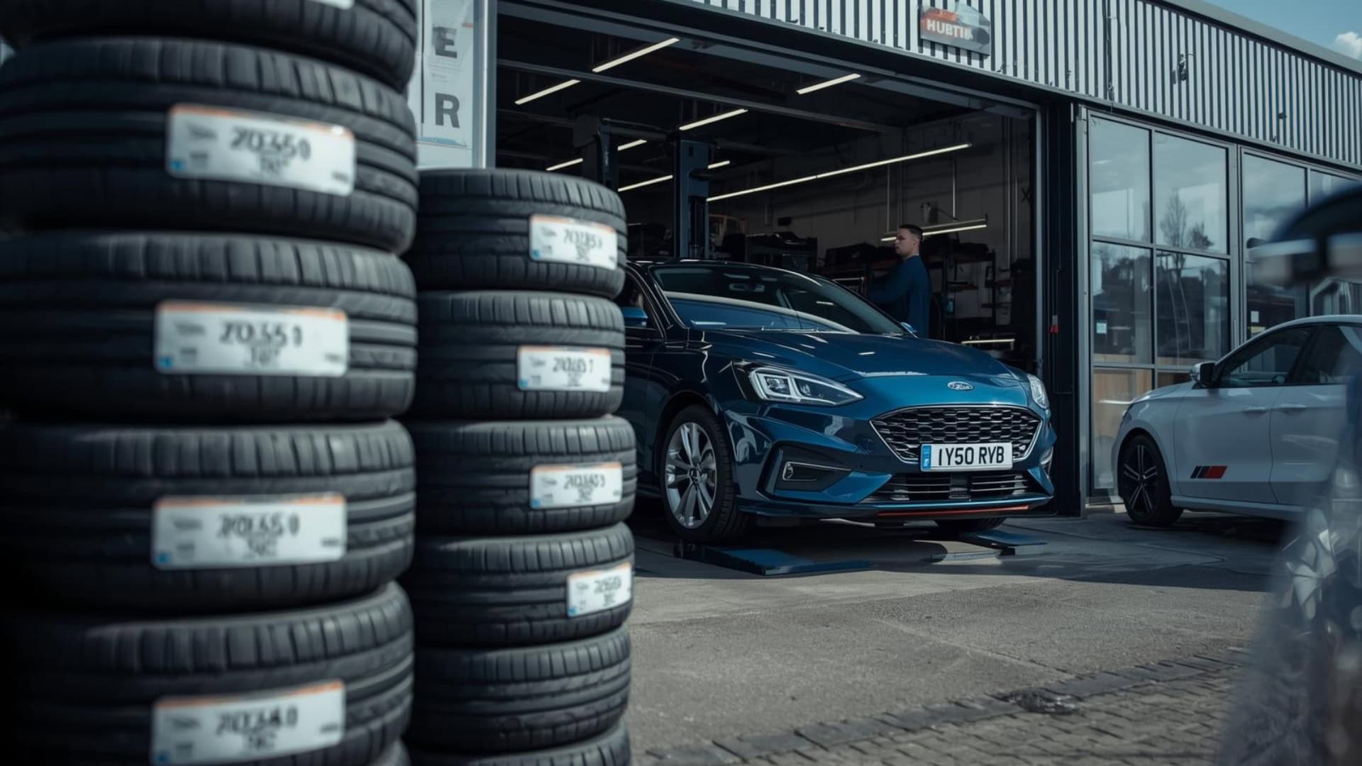Mechanic fitting 205/55 R16 tyres in Northampton at a professional tyre shop.