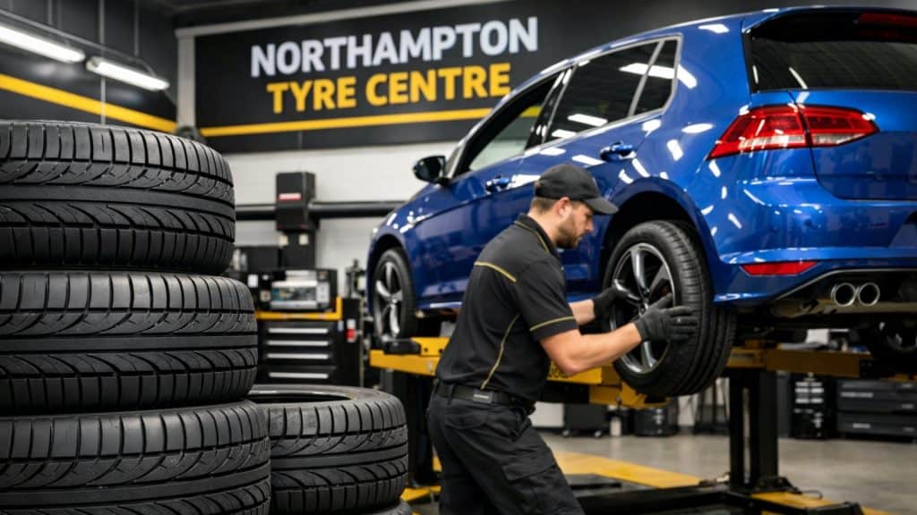 Mechanic installing 225/40 R18 tyres in Northampton at a professional tyre shop.