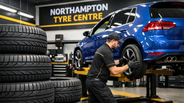 Mechanic installing 225/40 R18 tyres in Northampton at a professional tyre shop.