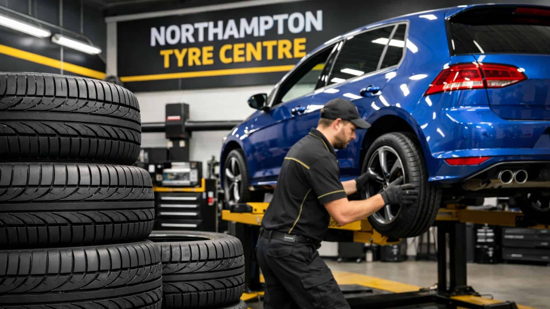 Mechanic installing 225/40 R18 tyres in Northampton at a professional tyre shop.