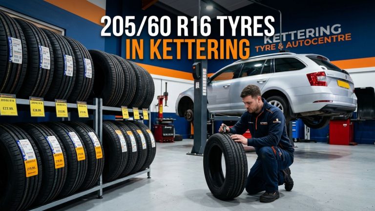Mechanic holding 205 60 R16 tyre in garage in Kettering