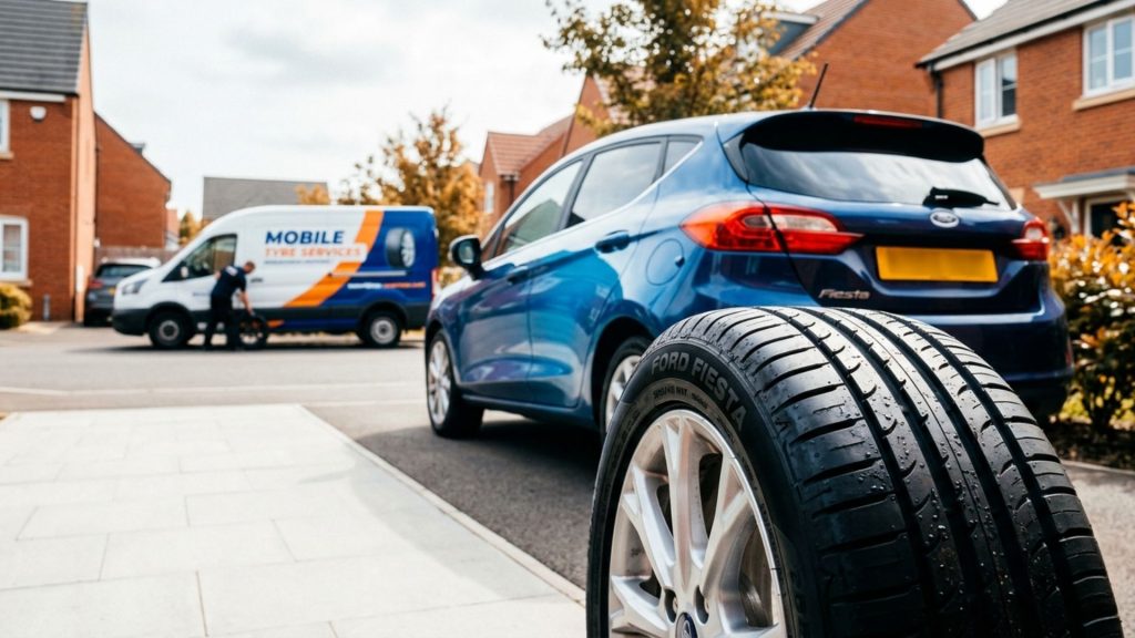 Ford Fiesta car with new tyres fitted in Northampton with tyre service background
