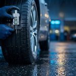Close-up of tyre tread depth measurement showing legal limit and safe levels