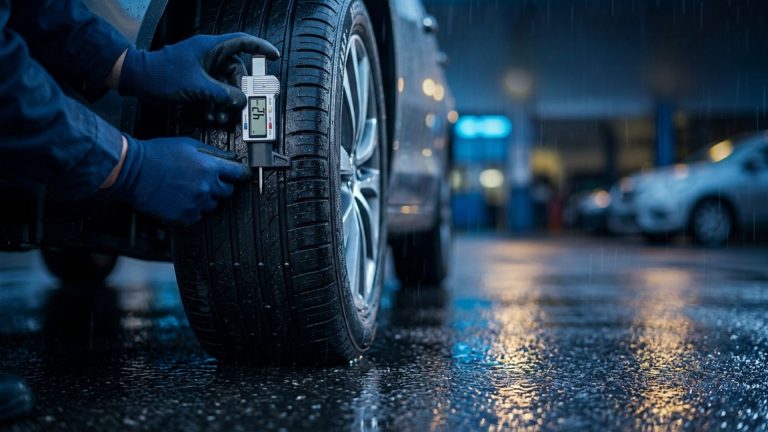 Close-up of tyre tread depth measurement showing legal limit and safe levels