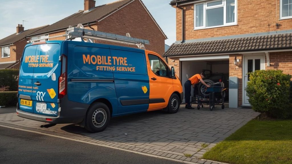 Mobile tyre fitter replacing tyre at home in Corby with service van and driveway setting