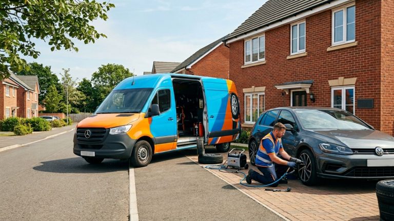 Mobile tyre fitter replacing tyre at home in Northampton with service van and driveway setting