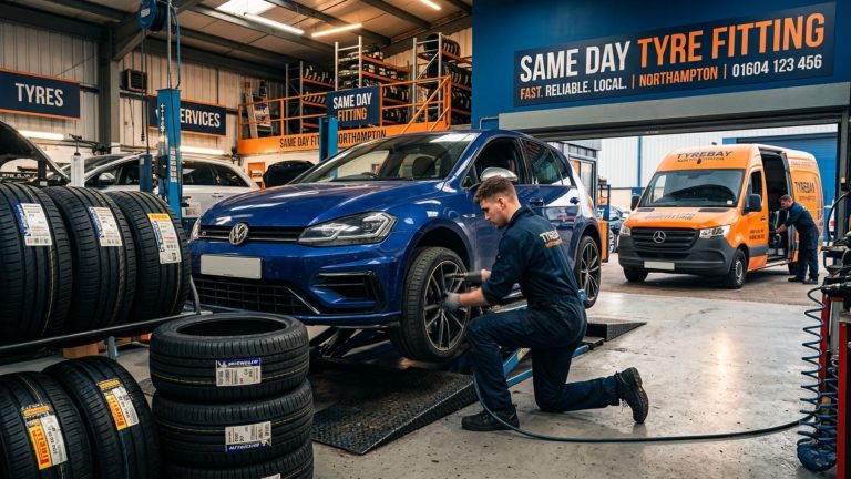 Mechanic fitting tyre quickly in Northampton garage for same day service
