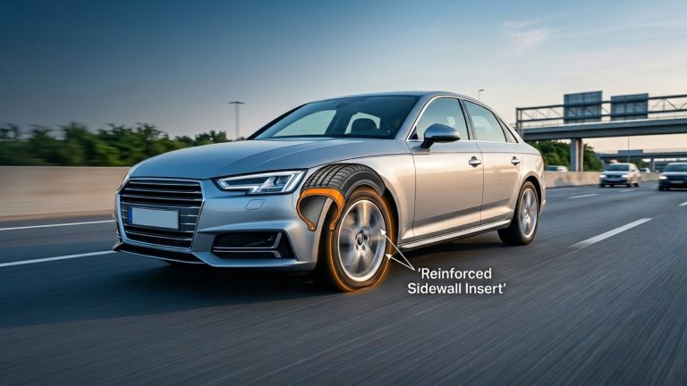 Car driving with run flat tyre showing ability to continue after puncture