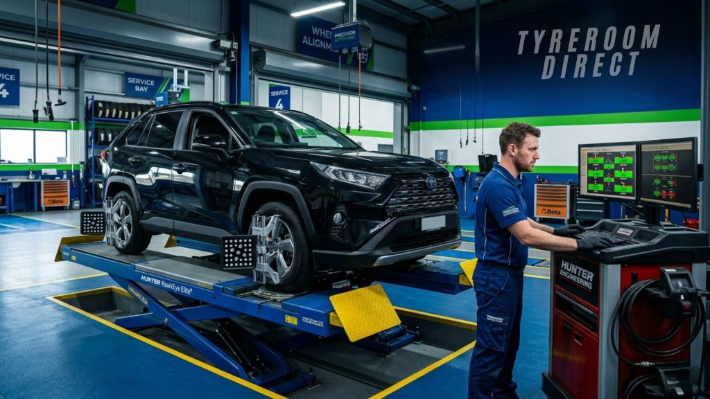 Car undergoing wheel alignment in a professional garage with alignment equipment and mechanic