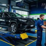 Car undergoing wheel alignment in a professional garage with alignment equipment and mechanic